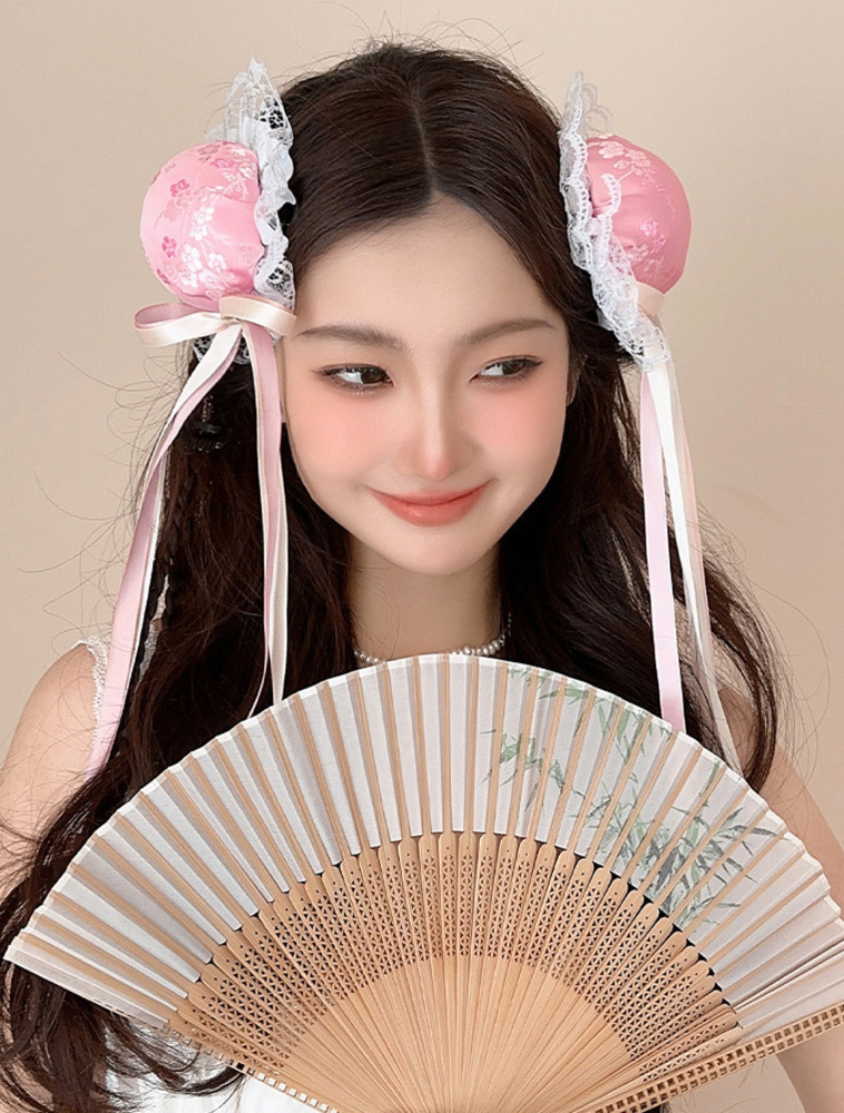 チャイナ服　色鮮やかなレースリボン付きシニョンキャップ