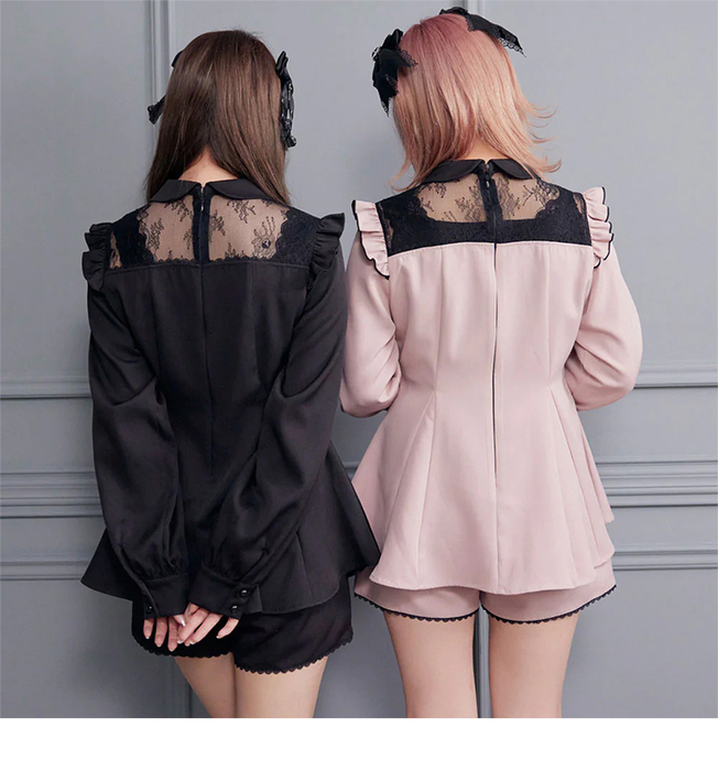 量産型/参戦服/推し活 襟付きレースミニワンピース&ショートパンツのセットアップ