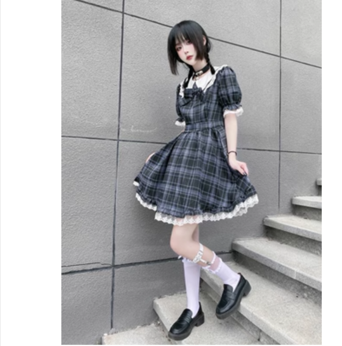 量産型/参戦服/推し活 ギンガムチェックがかわいい！襟付きワンピース