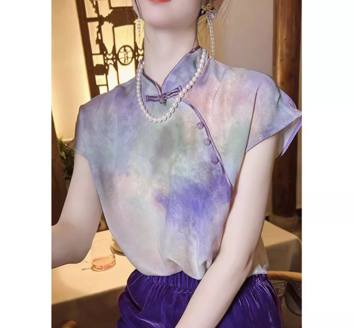 チャイナ服 虹色 チャイナシャツ ラウンドネック ブラウス