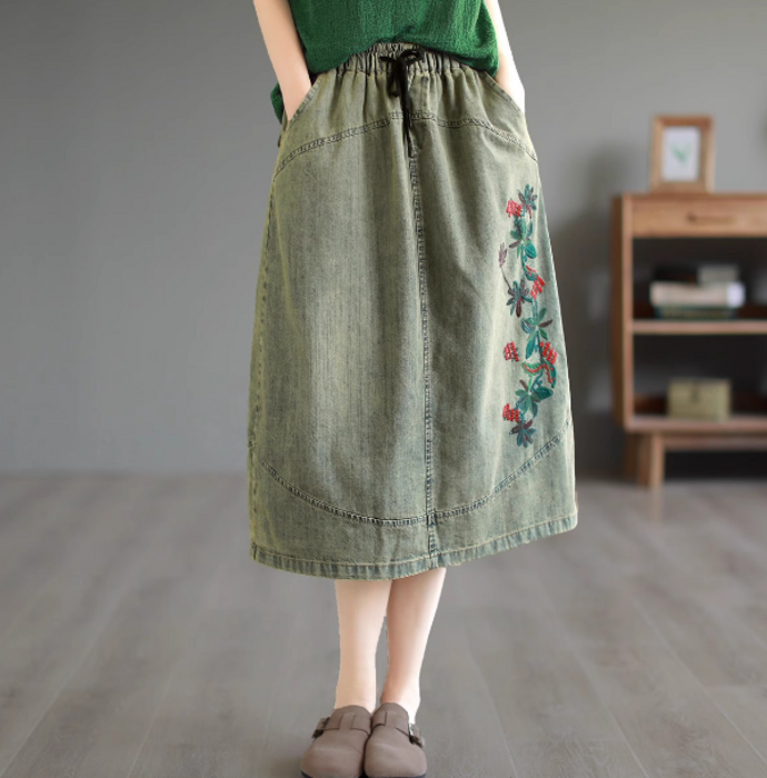 チャイナ服 刺繍入り デニム風 チャイナスカート（スカート
