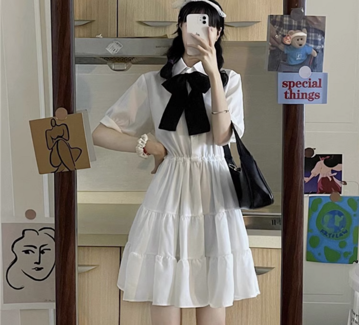 量産型/参戦服/推し活 ウエストギャザーフリルリボンワンピース