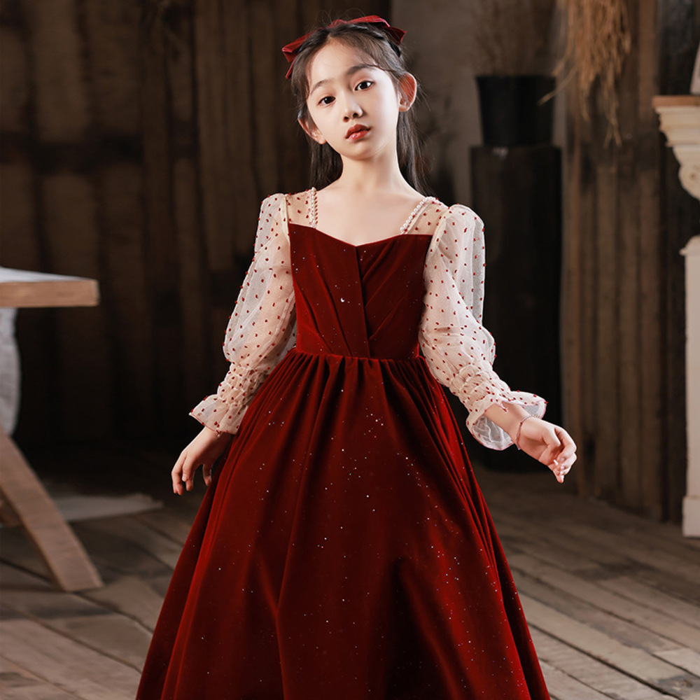 子供用ドレス　パーティードレス　発表会ドレス　ベルベット　10才サイズ ピアノ発表会 結婚式用 子どもドレス ベルベッドレッドドッド