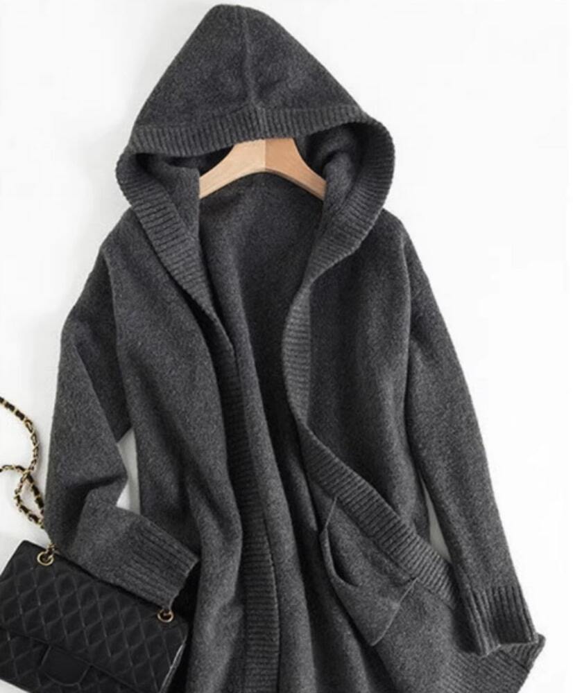 フード付きグレーのロングカーディガン フード付きロングカーディガングレー ブラック