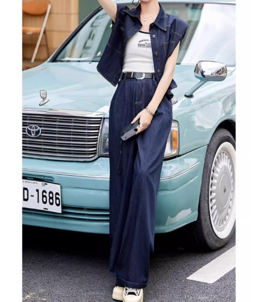 イエベ服 デニム ノースリーブジャケット×パンツ セットアップ