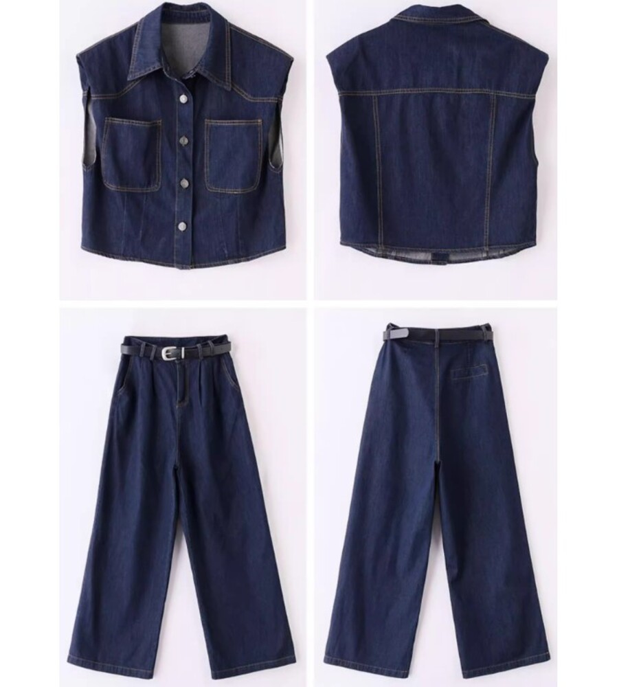 【新品】【イエベさん向け】コーデ売り ノースリーブニット×パンツ 上下セット イエベ服 デニム ノースリーブジャケット×パンツ セットアップ