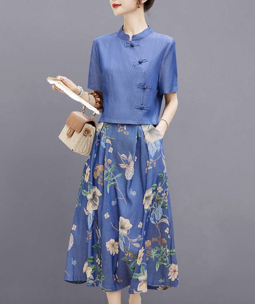 チャイナ服 フレッシュ ブルー セットアップ ドレス