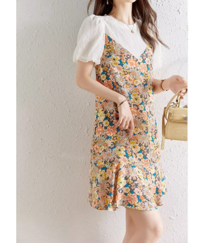 イエベ服 花柄 重ね着風ショートワンピース（イエベ春向け