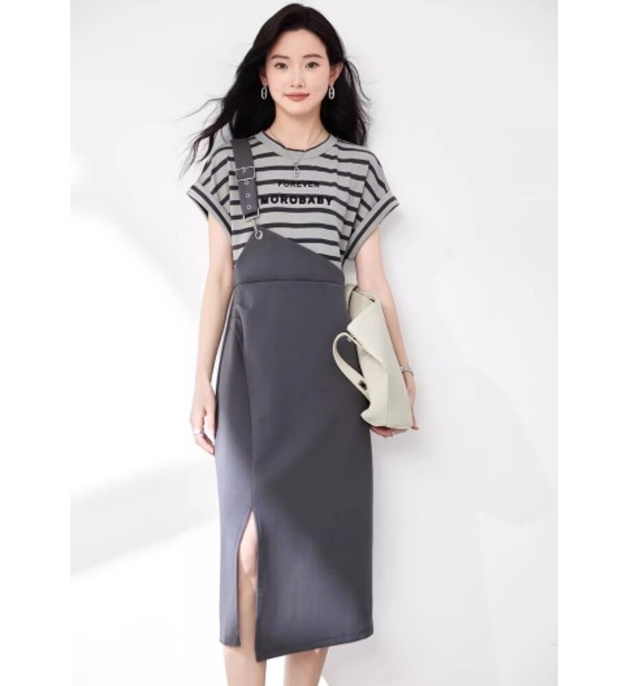 イエベ秋服 重ね着風サスペンダー付きワンピース レイヤードワンピース