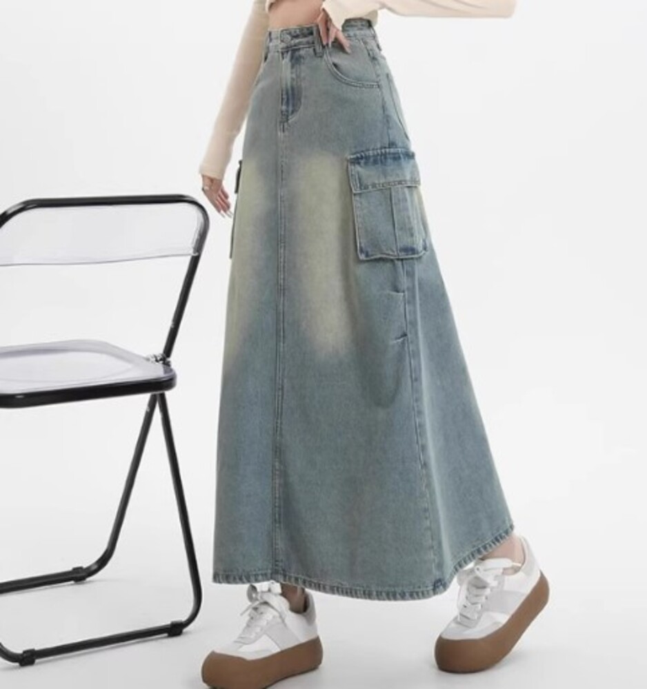 ブルベ夏/ブルベ冬服 ダメージ加工のデニムスカート ロング丈スカート