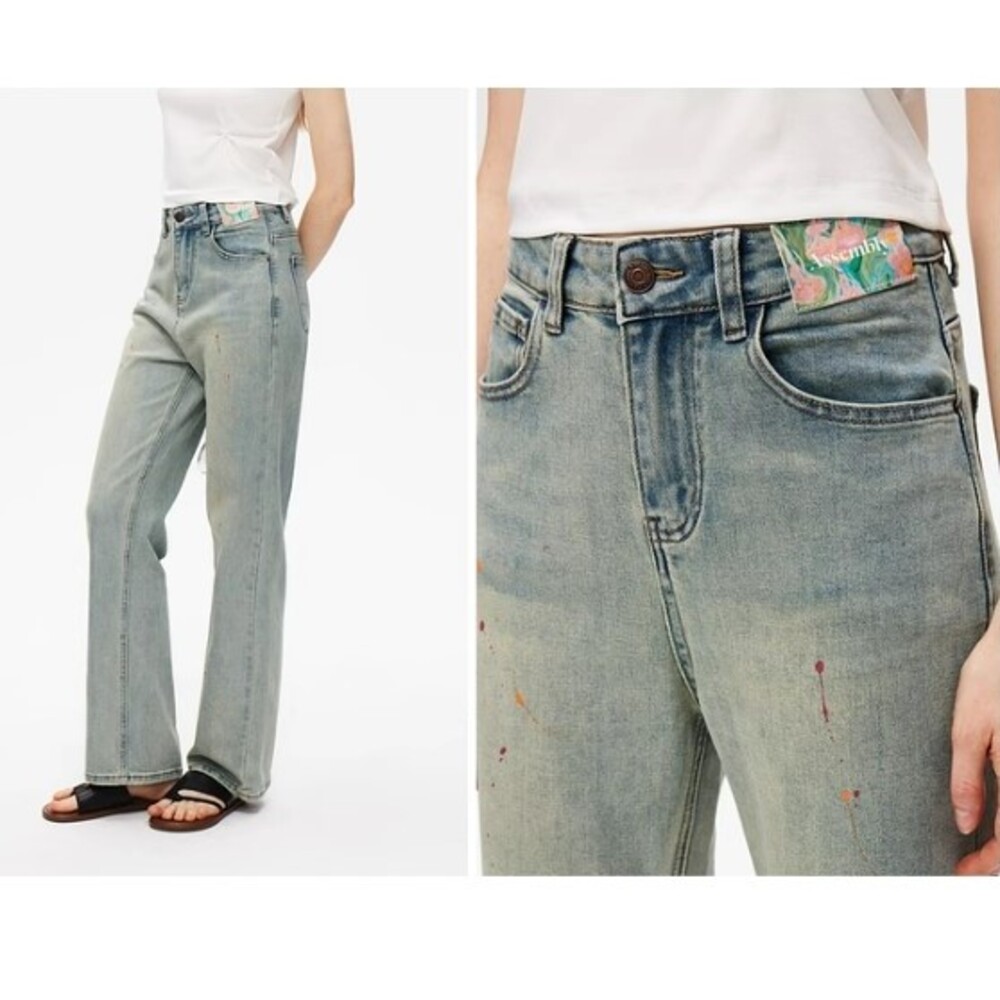 ブルベ夏/ブルベ冬服 ペイントダメージ加工デニム ストレートパンツ