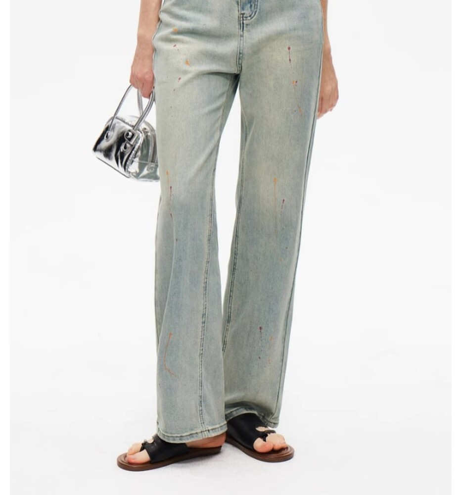 ブルベ夏/ブルベ冬服 ペイントダメージ加工デニム ストレートパンツ