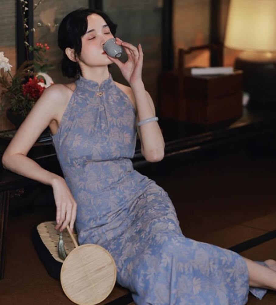 チャイナ服 ブルー フラワー デザイン チャイナドレス 3点セット