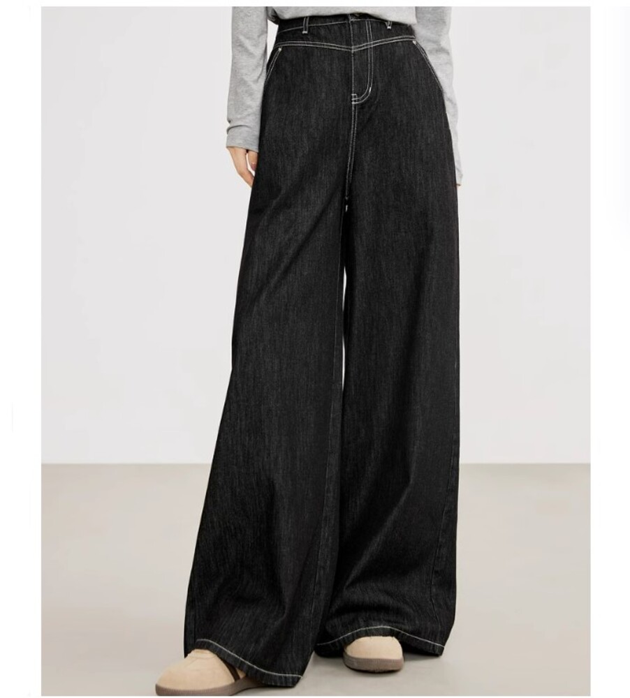 BELVET ワイドレッグデニム-ブラック ワイドレッグデニム ワイドパンツ|イエベファッション専門通販 IEBEL