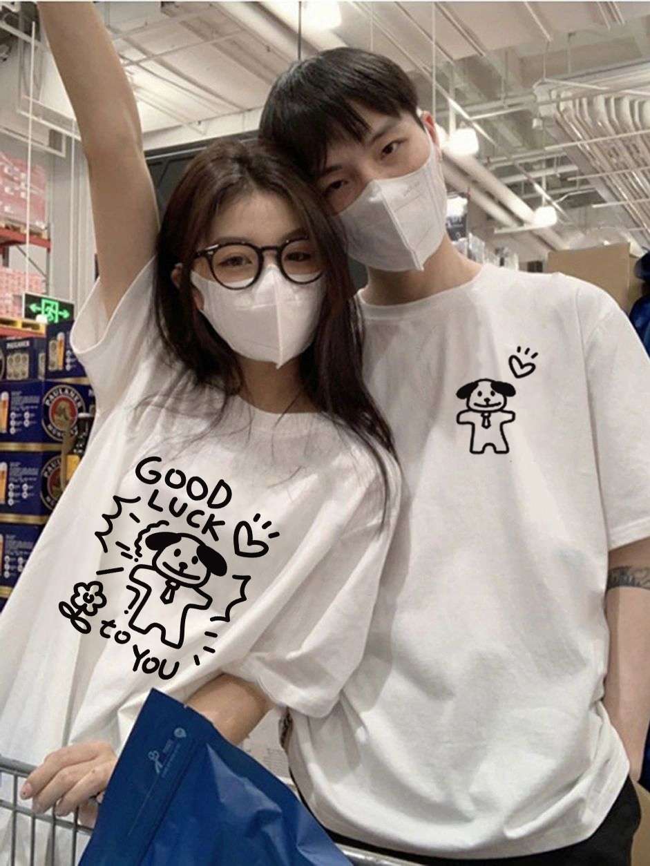  ペアルック　手書き風プリント　Tシャツ